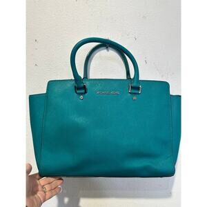 MICHAEL KORS Teal Aquamarine Selma Silver Detail Top Handle Crossbody Purse Bag